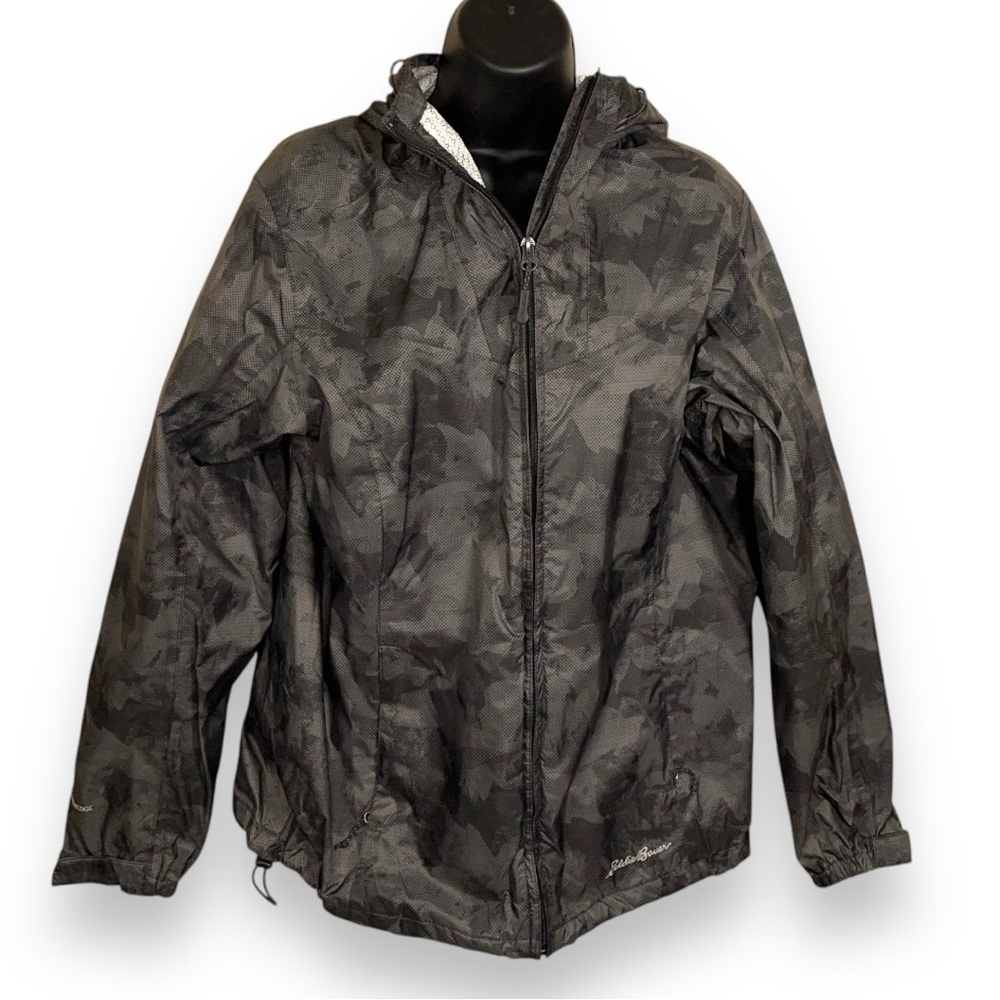 LARGE EDDIE BAUER GREY WOMENS HOODED JACKET WINDBREAKER  OUTDOOR HIKING